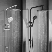 ACA Shower Head Set 8" Stainless Steel Round 3-MODE Handheld Spray Diverter Wall Arm Set Chrome Black