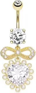 [Pierced Owl] 14GA Stainless Steel Bow and CZ Crystal Heart Dangling Belly Button Ring