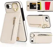 VENINGO iPhone 16e Case with Card Holder, iPhone 16e 6.1'' Wallet Case, Multifunctional Protective Leather PU Cover with 360° Ring Stand Kickstand, Large Capacity Card Slot Phone Cover, White