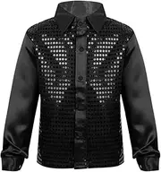 [Sinleey] Kids Boys Shiny Sequined Long Sleeves Shirt Latin Jazz Hiphop Dance Tops Stage Performance Dancing Costume