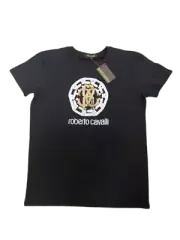 NWT ROBERTO CAVALLI uomo Large men's black t-shirt tee gold silver logo RC
