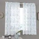 Embroidered Floral Sheer Curtains Blue 63 Inch , Rod Pocket Voile Drapes for