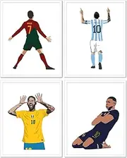 Football Star Cristiano Ronaldo and Lionel Messi Posters Wall Art,Neymar Kylian Mbappe Soccer Canvas Posters,World Cup Posters for Office Living Room Boys Room Man Cave Decor,Set of 4(8"x10" Unframed)