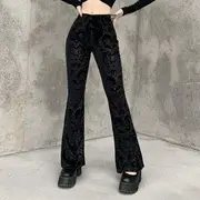 Velvet Patterned Boot-Cut Pants Pants - Black - M