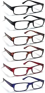 BOOST EYEWEAR 6 Pack Reading Glasses by, Traditional Frames in Black, Tortoise Shell, Blue and Red, for Men and Women, with Comfort Spring Loaded Hinges, Assorted Colors, 6 Pairs (+1.25)