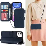 Cavor for iPhone 11 Case Crossbody Wallet Flip Folio Magnetic Kickstand Cover Cowhide Pattern PU Leather Purse Card Slots Holder with Detachable Shoulder Necklace Strap-Long Lanyard Navy Blue