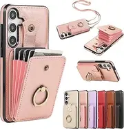 for Galaxy A35 5G Case with Ring Kickstand, A356U A356E Leather Back Cover Shockproof Case funda capa for Samsung galaxyA35 with Adjustable Lanyard Handbag Rose Gold