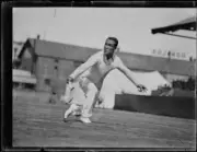 Japanese tennis player Jiro Sato lunging to make a shot during a t- Old Photo