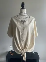 Anne Klein Top Blouse Shirt Career Linen Blended Solid Navy Blue Size L Large
