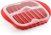 Microwave Bacon Maker/Cooker with Lid, Red, 11.02" L X 9.8" W X 2.3" H