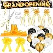 Halloscume 55 Pcs Grand Opening Ribbon Cutting Ceremony Kit Include Giant Grand Opening Banner 45 Latex Balloons 4 Bows Scissor Banner Rope 2 Balloon Ropes Yellow Ribbon for Opening Backdrop Supplies
