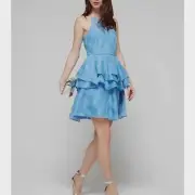 Belle Badgley Mischka Sz 8 Women Bianca Ruffle Dress Blue Azure Layered Cocktail