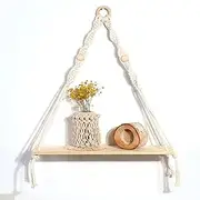 Macrame Hanging Shelves Boho Wall Decor, Rustic Wood Floating Storage Shelf for Bedroom Bathroom Living Room Nursery Dorm Room, Display Shelving for Hanging Plant Photo,Small Kitchen Shelves with Rope