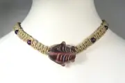Handmade Flat Hemp Choker Necklace with Purple Glass Fish and Amethyst Stones