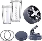 [Roczential] 7 Blender Cup and Blade Replacement Kit, 32 oz Large Cup with 1 Lid and 1 Lid Ring, and Extraction Blade with 2 Rubber Gaskets, Compatible with NutriBullet 600w/900w Blender