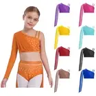 Kids Girls Long Sleeve Crop Top One Shoulder Straps Sparkle Hip-hop Dance Shirts