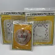 Candlewick Baby Pillow Lot 3 Craft Kits Embroidery Lace Heart Rock A Bye
