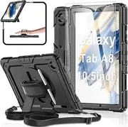 Samsung Galaxy Tab A8 10.5-inch Tablet Case 2022 [with Tempered Glass Screen Protector], BASE MALL Full Body Rugged Protective Case, 360° Rotatable Kickstand/Hand & Shoulder Strap/S Pen Holder (Black)