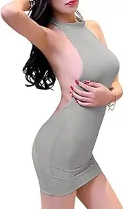 [Generic] Women's Sexy Halter Backless Mini Dress Open Back Stretch Bodycon Lingerie Dress Bodysuit Party Clubwear for Ladies