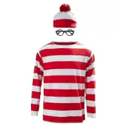 Wheres Waldo Now Red And White Stripes Cosplay Costume Adult Men T Shirt Sweater+hat+glasses For Christmas Halloween Party Suit L
