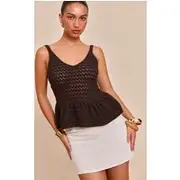 Chocolate Peplum Knit Crochet Top, Chocolate
