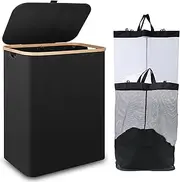 [iEGrow] 150L Laundry Hamper with Lid-Large Laundry Basket with Bamboo Handles, Black Hampers for Laundry, Dirty Clothes Hamper with 2 Removable Inner Bags for Clothes Toys Towels