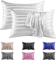 Silk Pillowcase Stripe Satin Pillowcase 2 Pack - Luxurious Satin Pillow Cases 50 x 75 cm for Hair and Skin Care, Envelop Enclosure Pillowcases Set (White 2 Pcs)