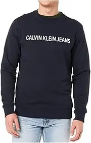 [Calvin Klein] Jeans Men's Institutional Box Slim Fit Crew Neck Sweatshirt, Night Sky/ Lemon, S