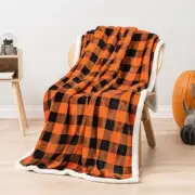 Black Orange Buffalo Plaid Sherpa Throw Blanket 50 x 60 Inches Checker Orange