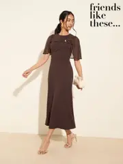 Friends Like These Chocolate Brown Petite Scuba Midi Dress With Chiffon Overlay (F78536) | $115