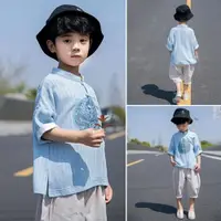 在飛比找ETMall東森購物網優惠-漢服男童中國風唐裝寶寶夏季短袖套裝兒童薄款男孩古風帥氣童裝夏