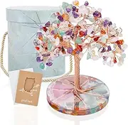 ZenBless 7 Chakra Healing Crystals Stones Tree, Colorful Crystal Stone Leaf Wire Wrapped on Natural Agate Slice Base, Home Office Desk Living Room Feng Shui Decoration for Wealth and Luck
