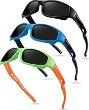 [spxkd] 3 Pcs Sports Kids Polarized Sunglasses with Strap UV Protection Flexible Sunglasses for Boys Girls Age 3-12, Black