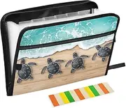 Quteprint 13 Pockets Expanding File Folder with Zipper Closure, Wooden Beach Turtle Accordion File Folder with Sticky Labels, Letter Size A4 Papers Expandable File Document Organizer