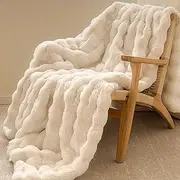 Faux Rabbit Fur Throw Blanket, Luxury Soft Warm Bubble Blanket for Bed, Couch, Sofa, Beige, 203 X 230 CM