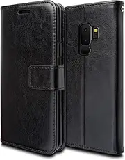 Samsung Galaxy S9 Plus Case, Leather Wallet Case Protective Flip Cover with Card Slots, Kickstand and Wrist Strap, Black PU Leather for Galaxy S9 Plus (16cm)