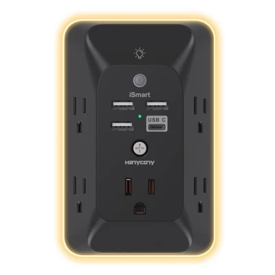 Black Outlet Extender with Night Light, Multi Plug Outlet, USB Wall Charger S...