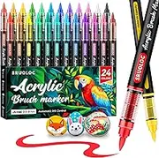 SRUOLOC 24 Colors Acrylic Paint Markers, Brush Tip Automatic Ink Control Acrylic Paint Markers for Rock Painting, Canvas, Wood, Ceramic, Glass, Stone, Fabric, DIY Crafts Textile & Art Supplies