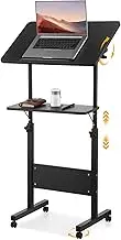 Joyoolife Adjustable Podium Stand, Rolling Podium with Wheels, Rolling Table Laptop Cart with Height, Storage Tray, Cup Holder for Home and Office-Black 42.3-50inch