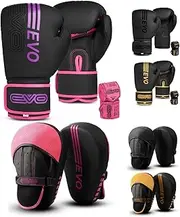 EVO Fitness Matte Black Boxing Gloves and Pads Set Punching Focus Mitts Hook and Jab Hand Target Strike Shield Training Sparring MMA Martial Arts Muay Thai Kickboxing Karate Men Women