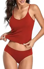 [Upopby] Women's Athletic Tankini Swimsuits for Women Tummy Control Two Piece Bathing Suits Ribbed Sports Crop Top Swimsuit with Shorts