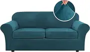 LINGKY Velvet Sofa Cover 2 Seater With 2 Separate Sofa Seat Cushion Covers, Stretch Couch Cover Non-Slip Sofa Slipcovers for Living Room Furniture Protector (Deep Teal,Large 2 Seater)