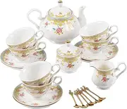 [Daveinmic] 21 Piece Porcelain Tea Set,Floral Tea Sets for Women,Tea Gift Sets with Teapot,Tea Service Set for 6,Adult Tea Set for Home and Party