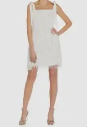 $195 Aidan Mattox Women White Fringe Detail Crepe Cocktail Dress Size 8