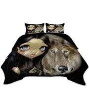 Dark Haired Beautiful Girl and Silver Eyed Wolf Coverlet
