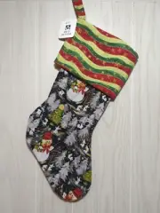 Brio Designs Christmas Stocking Red green gold snowflakes black bunnies snowmen