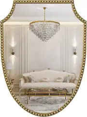 24"X32" Shield Wall Mirror, Metal Beaded Frame Decorative Mirror, Scalloped Oval