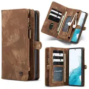 CaseMe For Samsung Galaxy S22 Zipper & Detachable Retro Leather Pouch Wallet Flip Purse Bag Detachable Phone Case Cover (Brown)