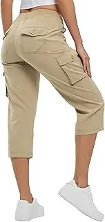 [Rdruko] Women's Casual Cargo Shorts Drawstring Elastic High Waisted Hiking Capri Pants Summer Outdoor Cropped Trousers for Work Travel Golf, Khaki, M