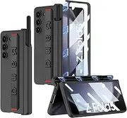 [MiorMiar] Wristband Magnetic Hinge Phone Case for Samsung Galaxy Z Fold 5, Folding Shell with Pen-Box for Z Fold5, Protective Cover with Tempered Glass Film (Carbon Grain,for Fold 5)